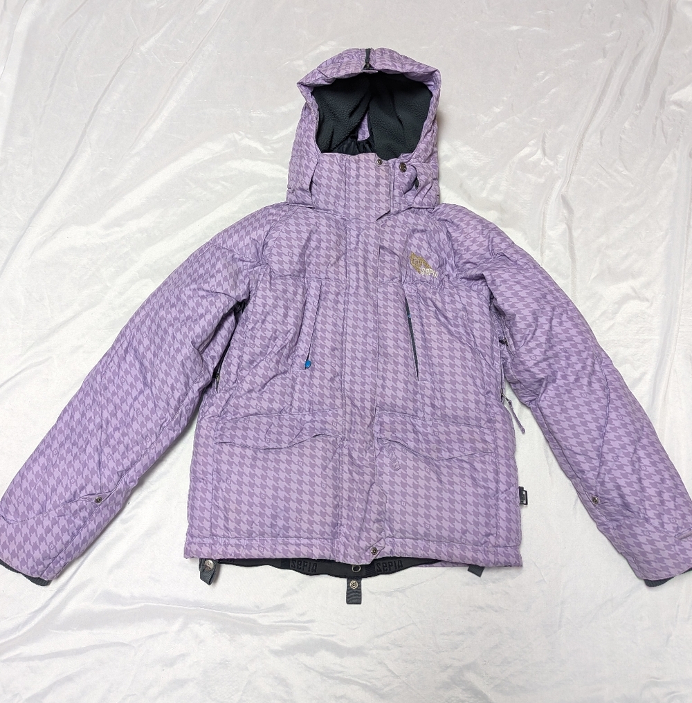 Sepia Purple Houndstooth Down Filled Winter Snowboarding Ski Slopes Jacket XS‎